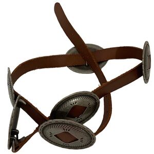 Vintage western brown leather  belt; silver medallions; adjustable strap; ~37” L